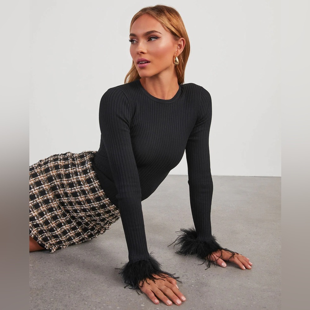 Vici Felicity Long Sleeve Feather Trim Knit Top
